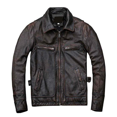 RW Authentic SheepSkin Cafe Racer Distressed Brown Genuine Leather Jacket