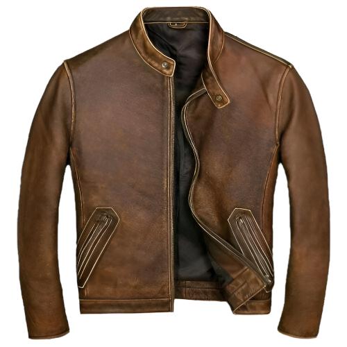 RW Authentic SheepSkin Cafe Racer Distressed Tan Brown Genuine Biker Leather Jacket