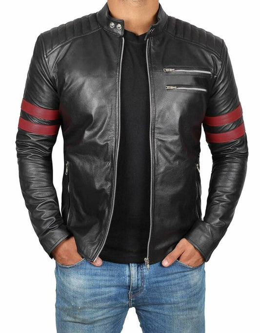 MAROON STRIPES LEATHER MENS CAFE RACER MOTO JACKET