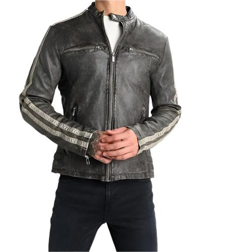 RW Authentic SheepSkin Cafe Racer Washed Wrinkled Distressed Black Genuine Leather Jacket