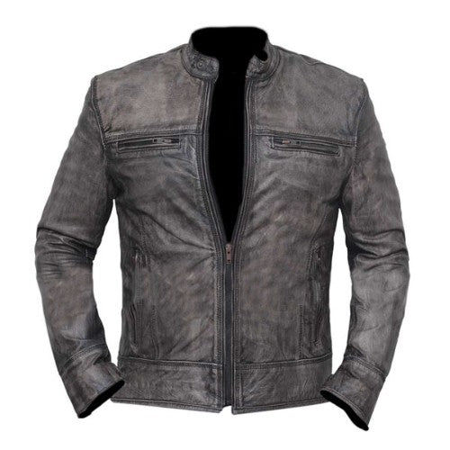 RW Authentic Sheepskin Vintage Distressed Grey Biker Motorcycle Genuine Real Leather Jacket