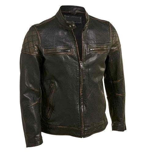 RW Authentic Sheepskin Motorcycle Cafe Racer Distressed Black Quilted Genuine Leather Jacket