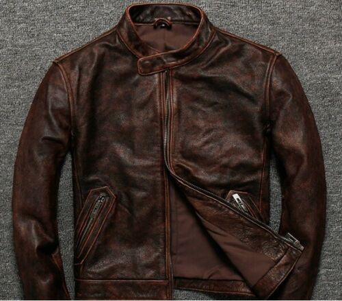 RW Authentic Sheepskin Motorcycle Cafe Racer Distressed Brown Genuine Leather Jacket