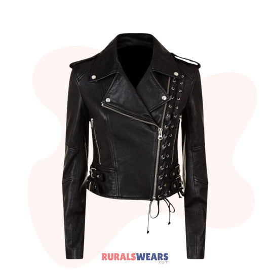 RW Authentic Sheepskin Women’s Black Slim Fit Moto Brando Style Jacket