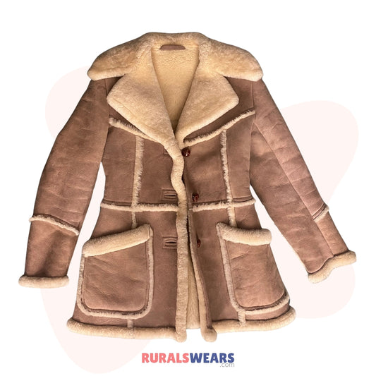 RW Authentic Sheepskin Women’s Brown Distressed Leather Shearling Trench Coat