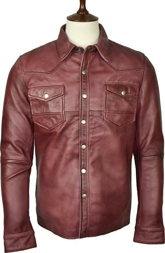 RW Authentic Sheepskin Washed And Waxed Genuine Lambskin Leather Burgundy Shirt