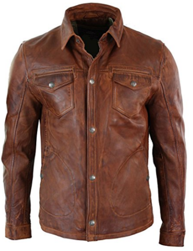 RW Authentic Sheepskin Washed And Waxed Genuine Lambskin Leather Distressed Brown Shirt