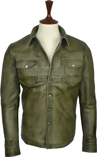 RW Authentic Sheepskin Washed And Waxed Genuine Lambskin Leather Olive Green Shirt