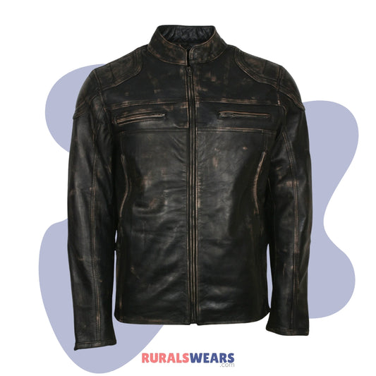 RW Authentic SheepSkin Cafe Racer Distressed Black Genuine Leather Jacket