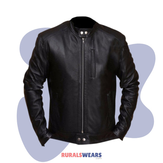 RW Authentic Sheepskin Men's Slim Fit Biker Hunt Black Leather Jacket