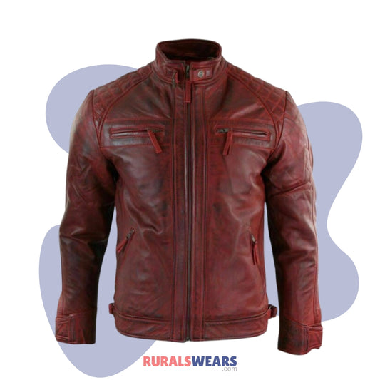 RW Authentic Sheepskin MEN’S RETRO STYLE BIKER DISTRESS MAROON LEATHER JACKET