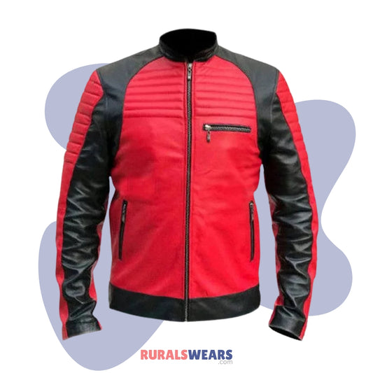 RW Authentic Sheepskin MEN’S VINTAGE RED AND BLACK BIKER LEATHER JACKET