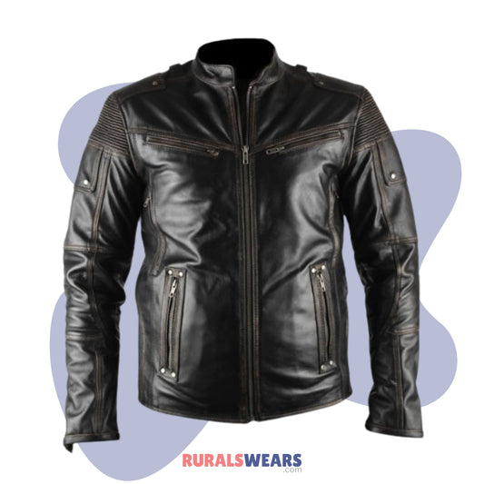 RW Authentic Sheepskin Ultimate Distressed Black Biker Genuine Leather Jacket