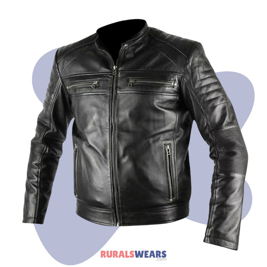 RW Authentic Sheepskin Mens Antique Black Biker Waxed Genuine Leather Jacket